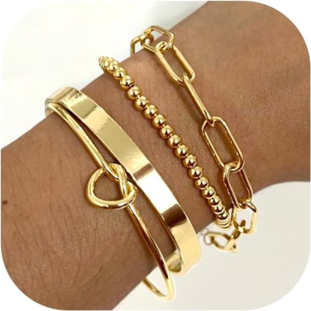 Women's Gold Plated Bangle Set Cuff Bracelets Non Tarnish Gold Bracelet